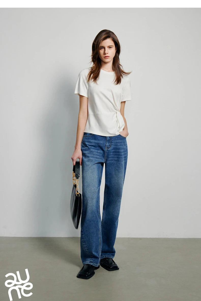 TOYOUTH Women Crop Tops 2024 Spring New Pleated Tie Irregular Solid Color Short Sleeve Women's Basic Tops