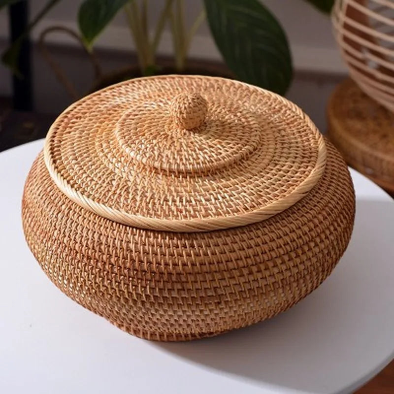 Hand-Woven Rattan Storage Basket with Lid