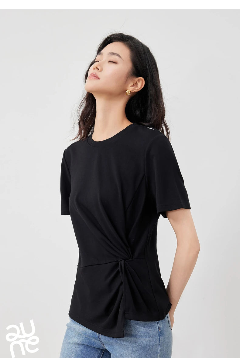 TOYOUTH Women Crop Tops 2024 Spring New Pleated Tie Irregular Solid Color Short Sleeve Women's Basic Tops