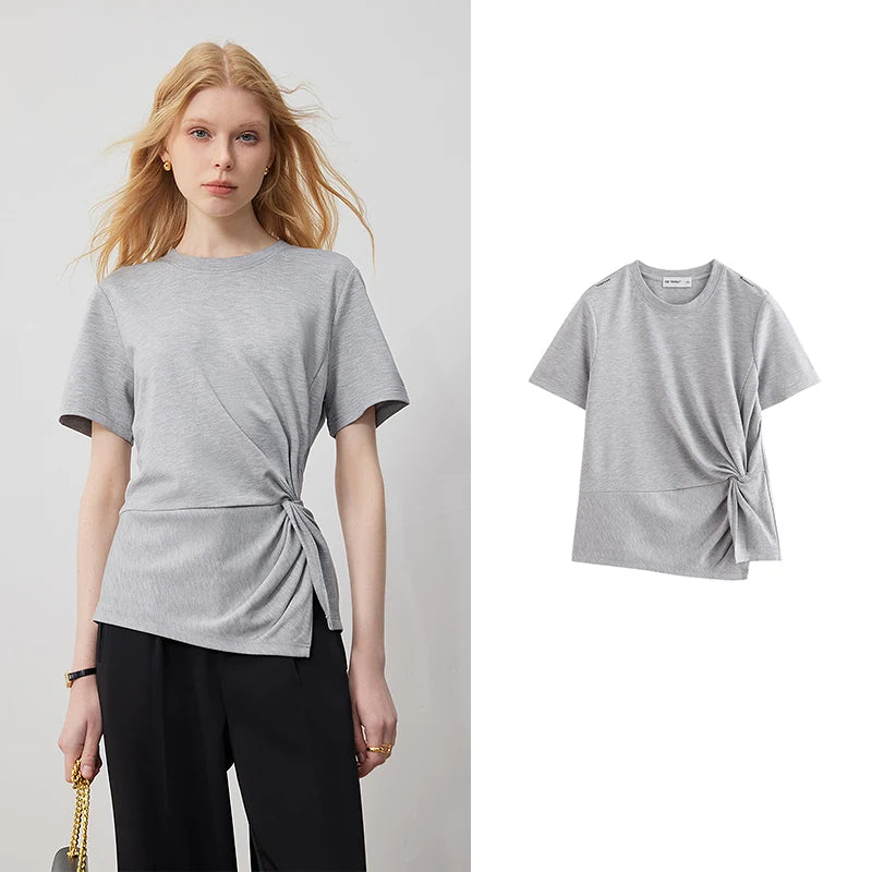 TOYOUTH Women Crop Tops 2024 Spring New Pleated Tie Irregular Solid Color Short Sleeve Women's Basic Tops