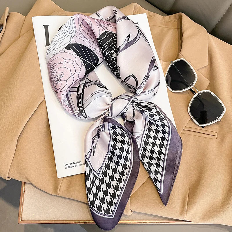 Silken Loop: Printed Satin Square Scarf for Women