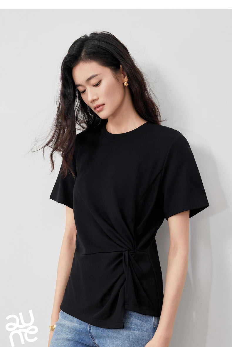 TOYOUTH Women Crop Tops 2024 Spring New Pleated Tie Irregular Solid Color Short Sleeve Women's Basic Tops