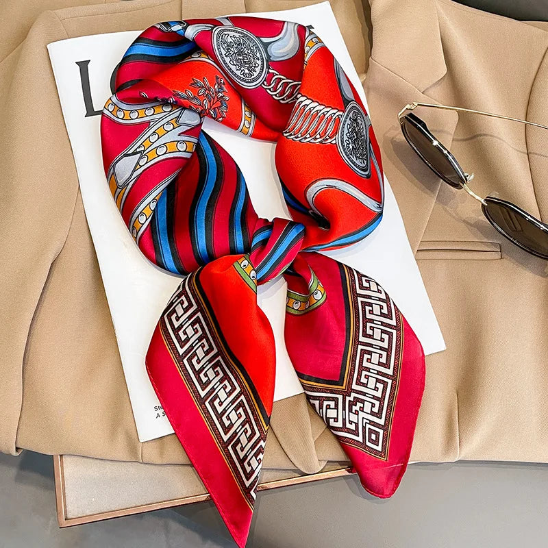 Silken Loop: Printed Satin Square Scarf for Women