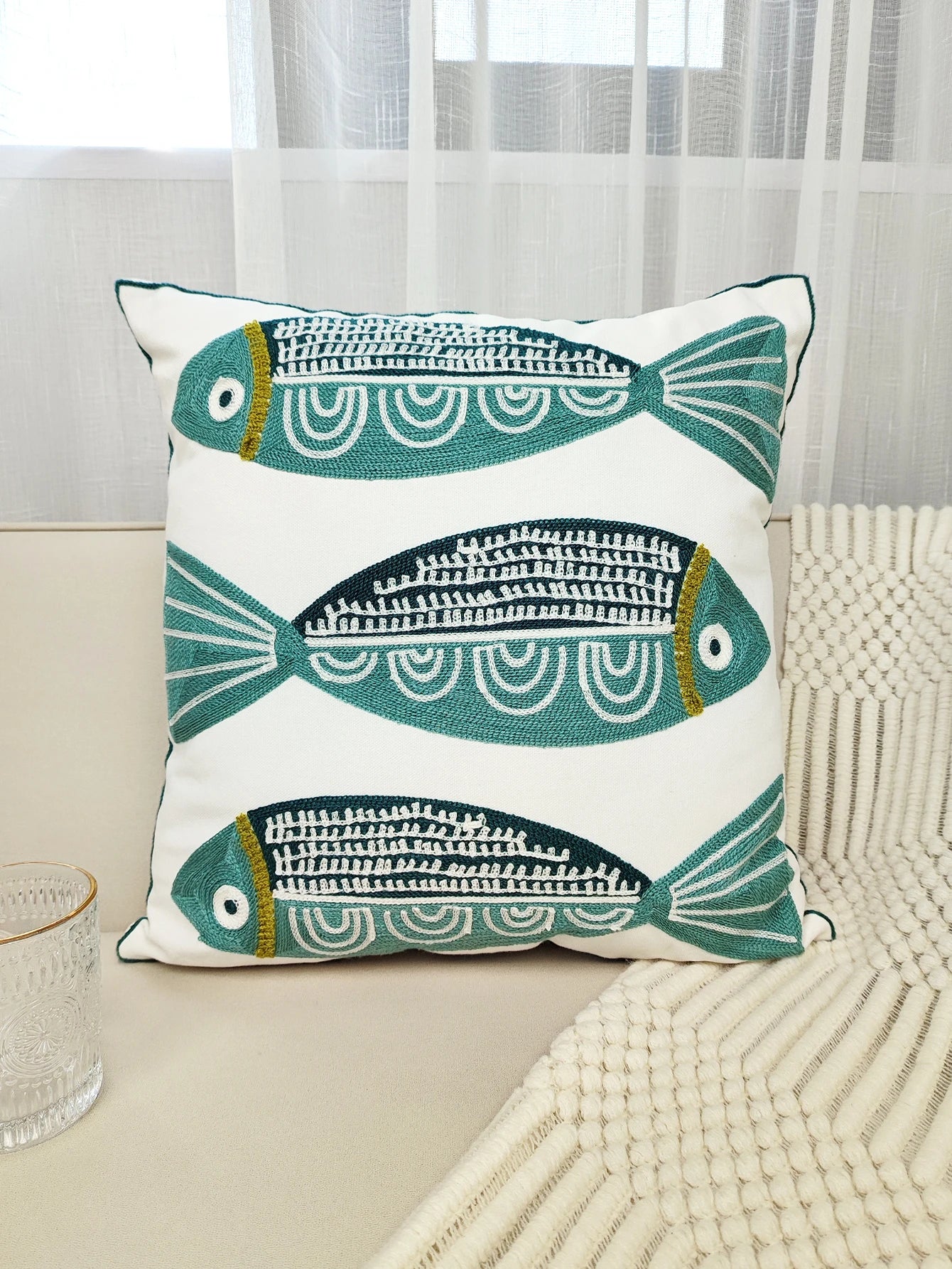 Ocean Thread: Blue Fish Embroidered Cushion Cover