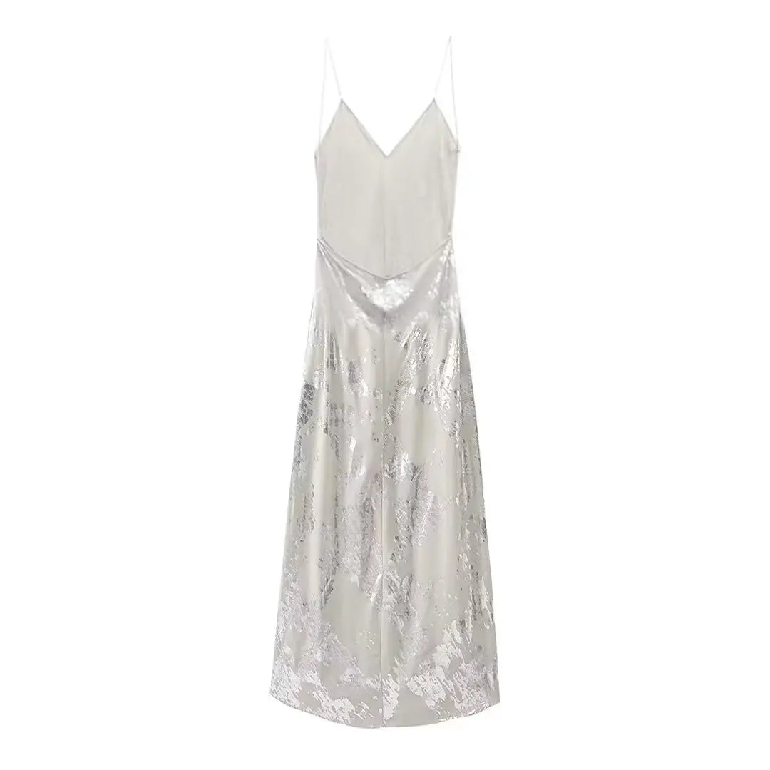 Women's Metallic Sequin Dress – Elegant A-Line Partywear with Spaghetti Straps