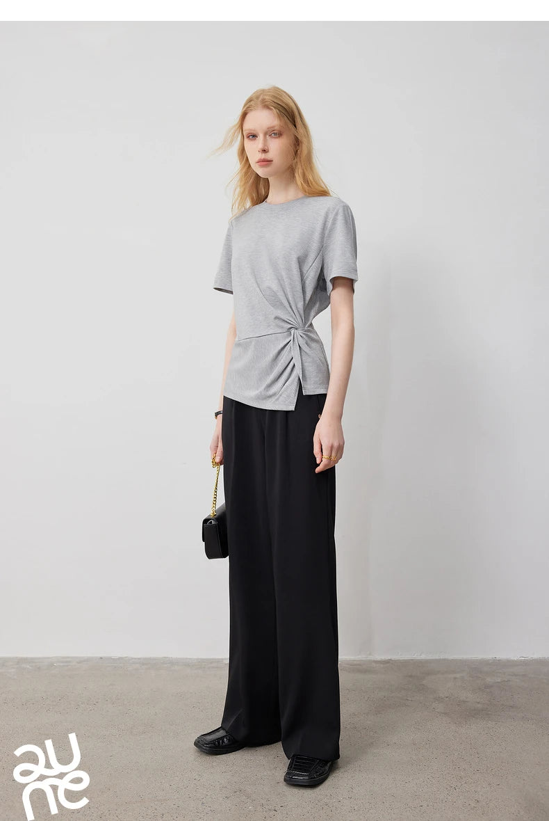 TOYOUTH Women Crop Tops 2024 Spring New Pleated Tie Irregular Solid Color Short Sleeve Women's Basic Tops