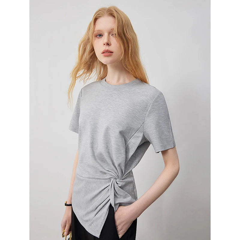 TOYOUTH Women Crop Tops 2024 Spring New Pleated Tie Irregular Solid Color Short Sleeve Women's Basic Tops