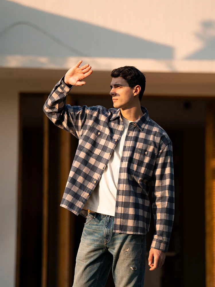 Men's Super Loose Plaid Shirt – 8oz Washed Fabric, Easy Vintage Style