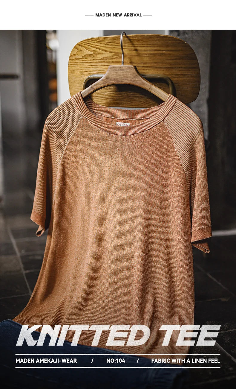 Maden New Vintage Orange Knitted Short Sleeve T-Shirt Men's Summer Loose Fit Ribbed Crew Neck Tee Breathable Casual Street Tops