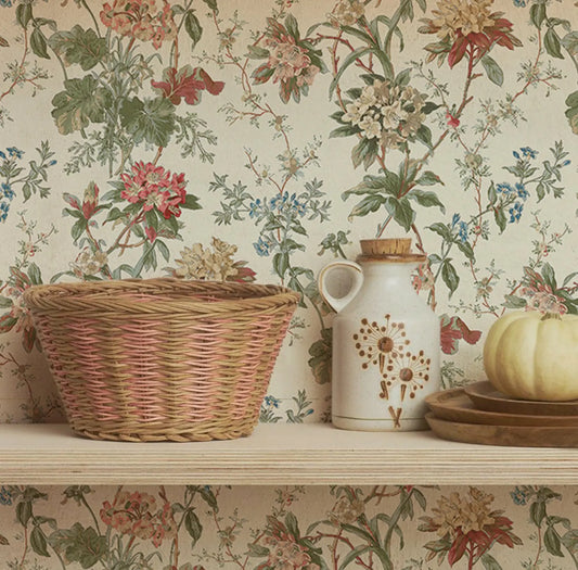 Vintage Floral & Green Leaf Wallpaper