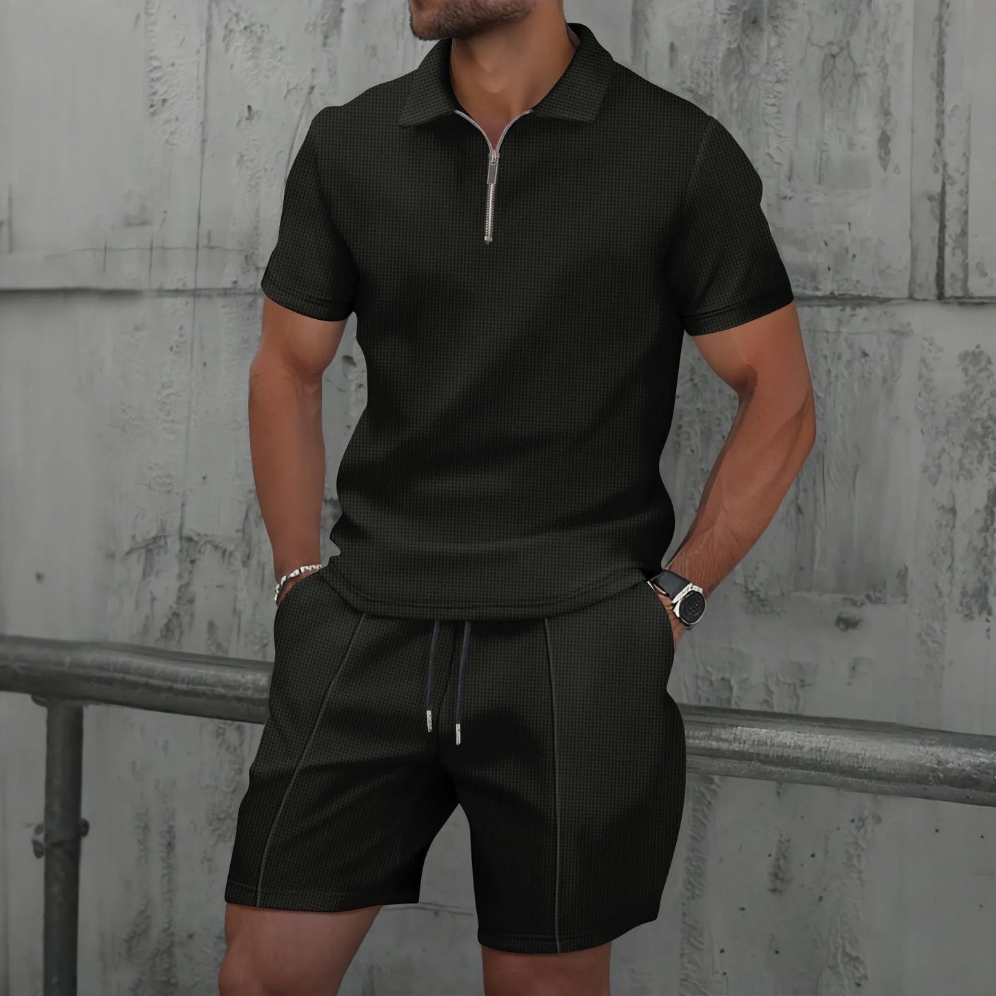 Men’s Waffle Zip-Up Set – Two-Piece, One Statement