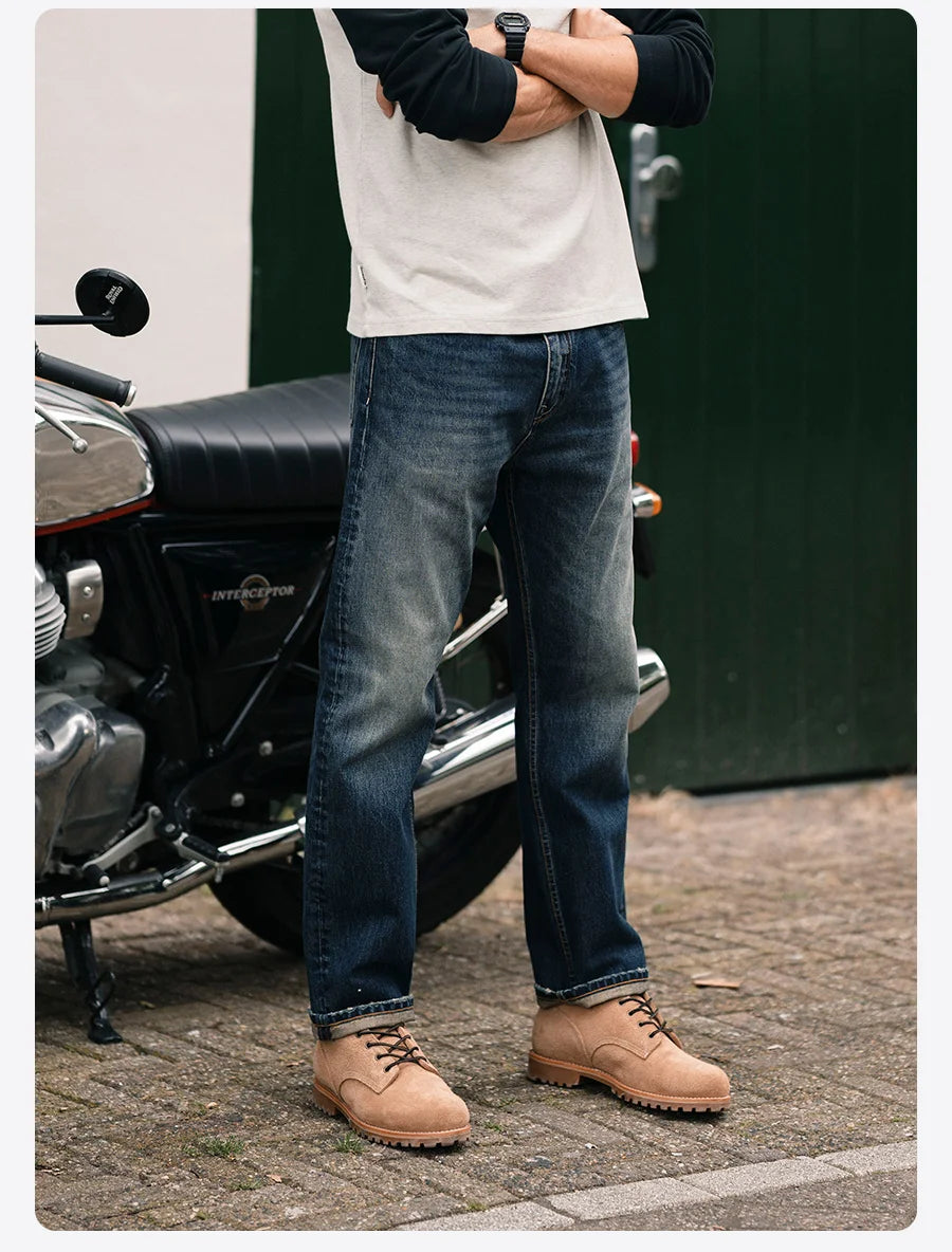 SIMWOOD 2025 Spring New loose Straight 13.5oz Fabric Washed Vintage Jeans Men Classical Plus Size Denim Trousers