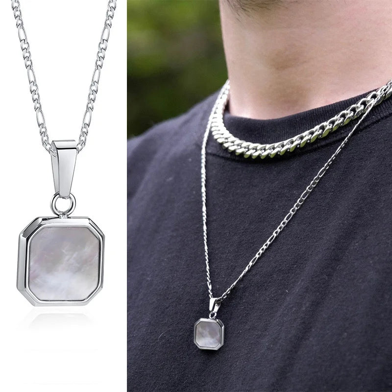 Grid Mark: Geometric Enamel Square Pendant Necklace for Men
