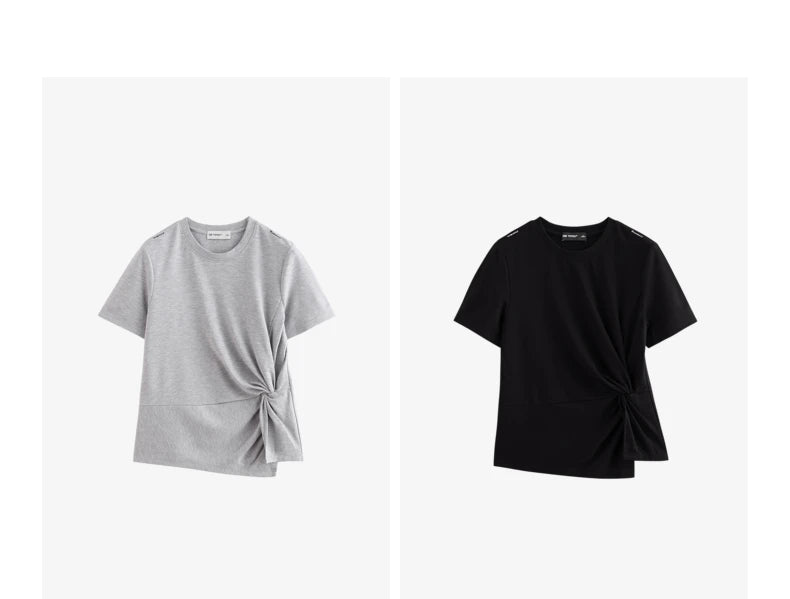 TOYOUTH Women Crop Tops 2024 Spring New Pleated Tie Irregular Solid Color Short Sleeve Women's Basic Tops