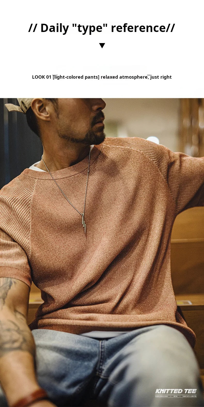 Maden New Vintage Orange Knitted Short Sleeve T-Shirt Men's Summer Loose Fit Ribbed Crew Neck Tee Breathable Casual Street Tops