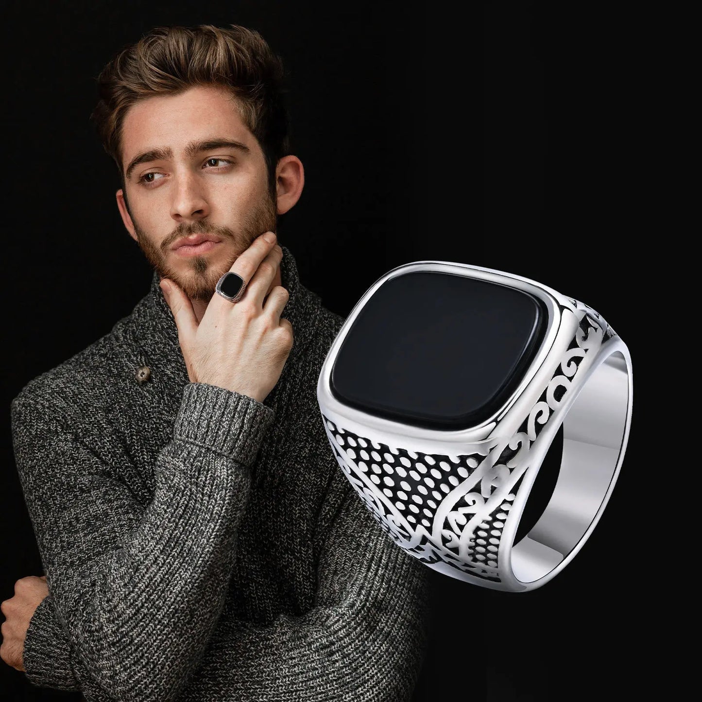 Vnox Rock Punk: Black Onyx Stainless Steel Signet Ring for Men – Bold & Timeless Statement