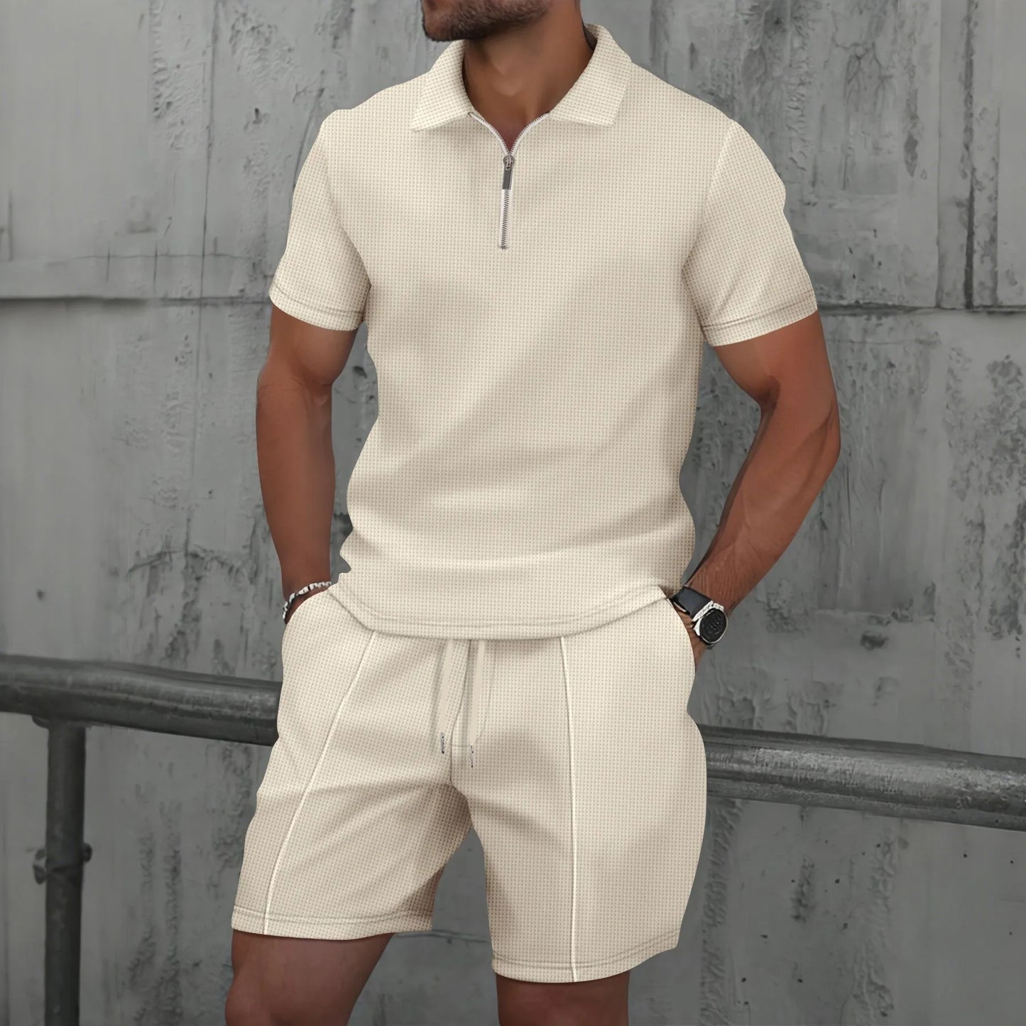 Men’s Waffle Zip-Up Set – Two-Piece, One Statement
