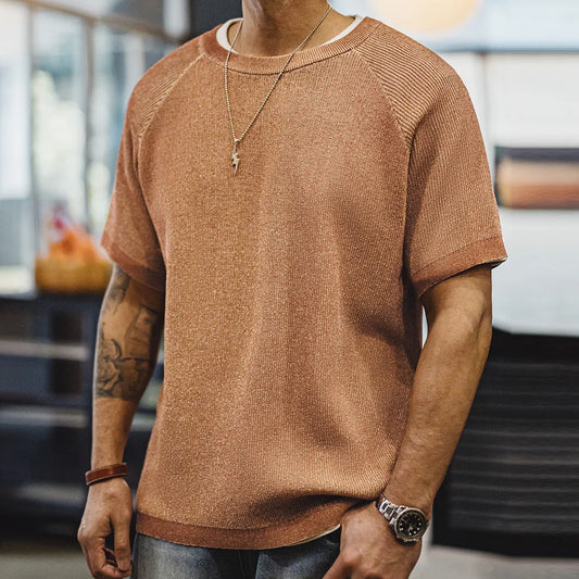 Maden New Vintage Orange Knitted Short Sleeve T-Shirt Men's Summer Loose Fit Ribbed Crew Neck Tee Breathable Casual Street Tops