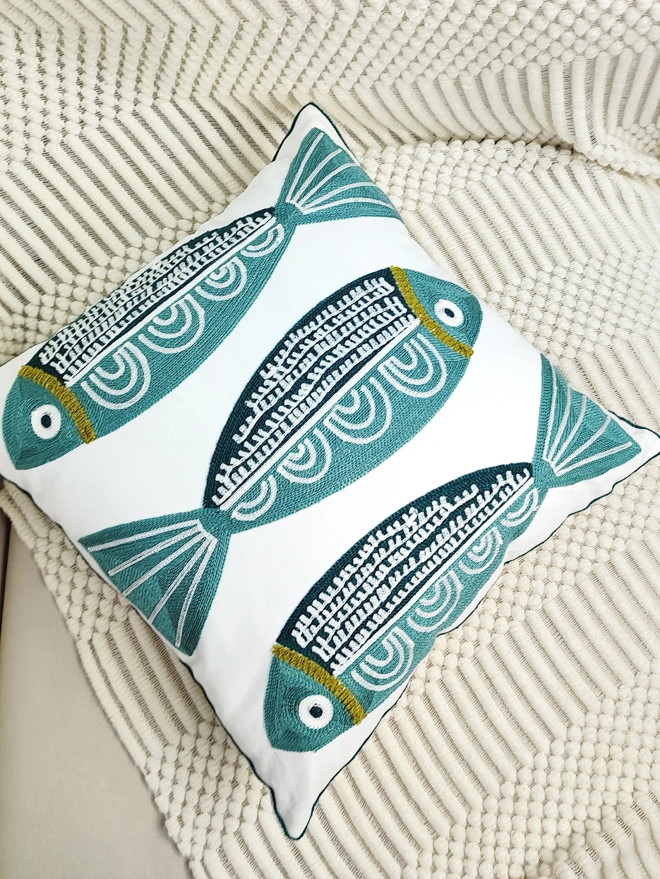 Ocean Thread: Blue Fish Embroidered Cushion Cover