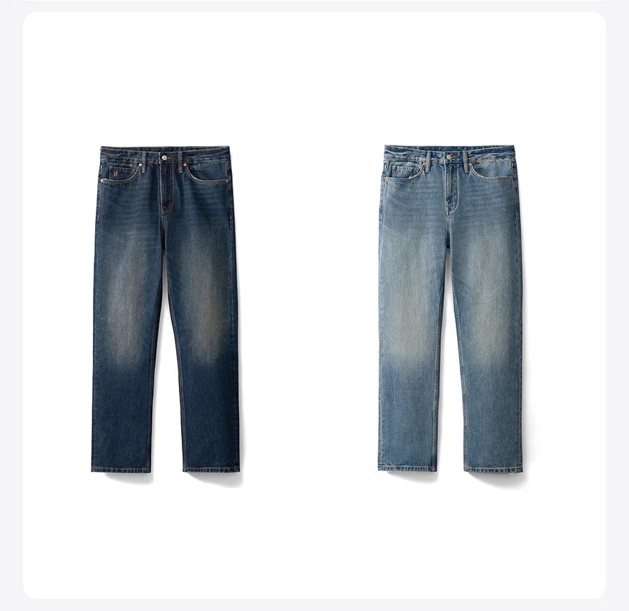 SIMWOOD 2025 Spring New loose Straight 13.5oz Fabric Washed Vintage Jeans Men Classical Plus Size Denim Trousers