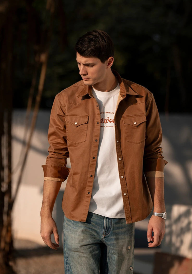 Men's Oversized Western-Style Shirt – Washed Fabric, Rugged Appeal