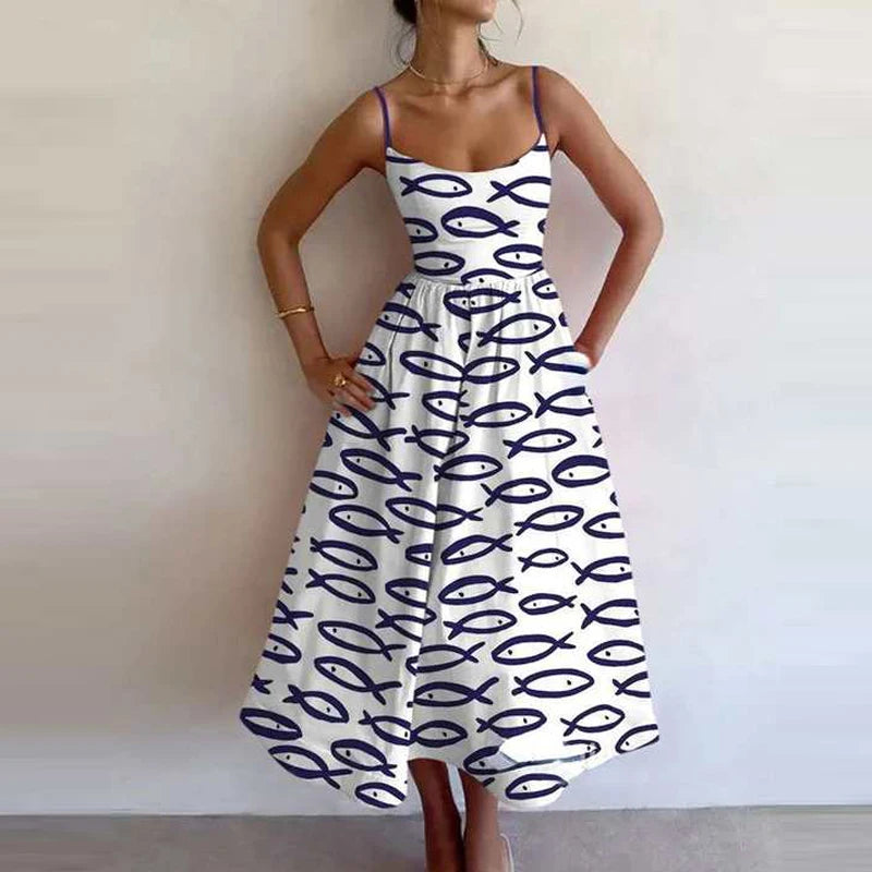 Summer Ethnic Print Off-Shoulder Maxi Dress with Pockets – Holiday Casual Look