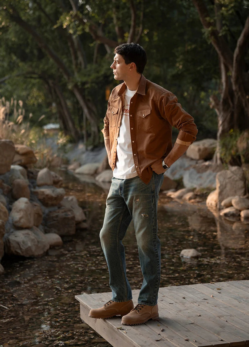 Men's Oversized Western-Style Shirt – Washed Fabric, Rugged Appeal