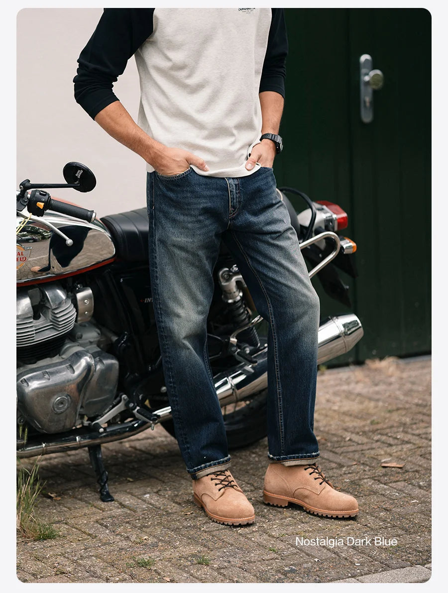 SIMWOOD 2025 Spring New loose Straight 13.5oz Fabric Washed Vintage Jeans Men Classical Plus Size Denim Trousers