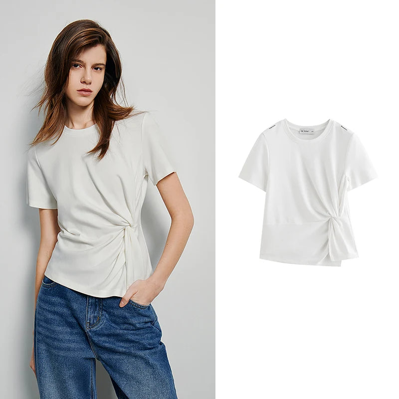 TOYOUTH Women Crop Tops 2024 Spring New Pleated Tie Irregular Solid Color Short Sleeve Women's Basic Tops