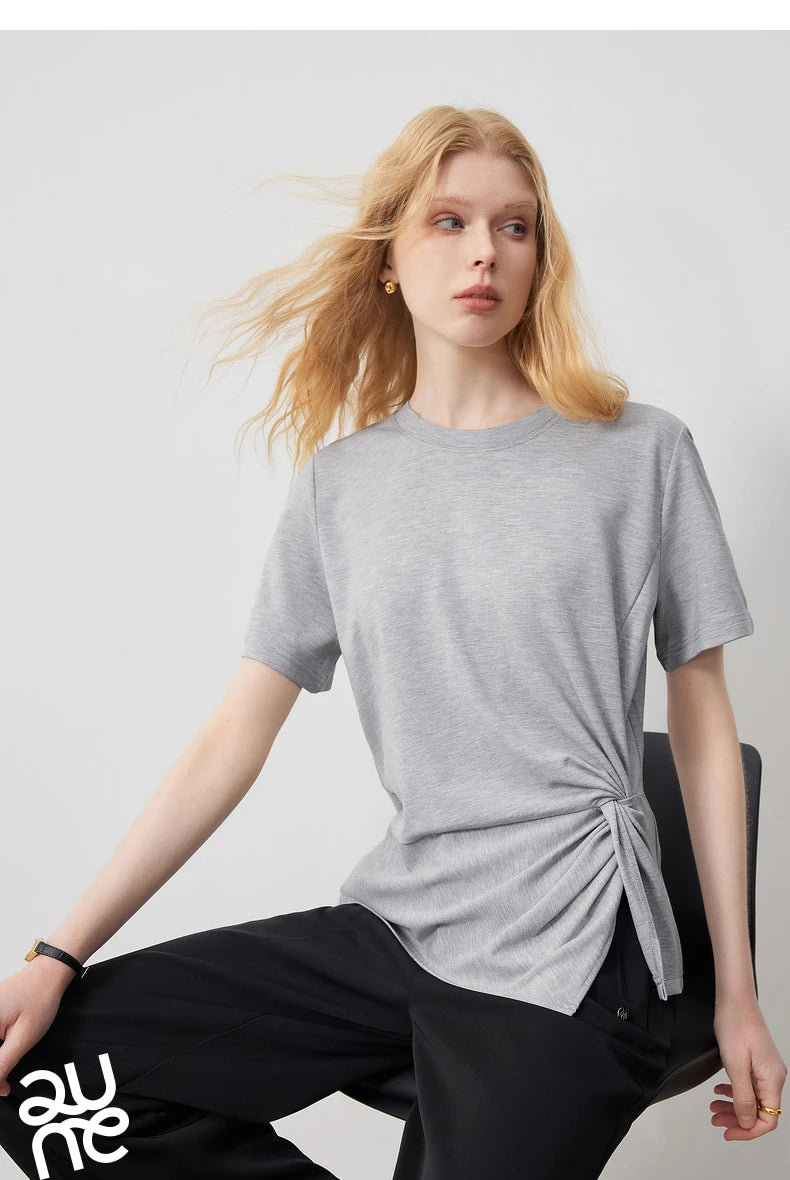 TOYOUTH Women Crop Tops 2024 Spring New Pleated Tie Irregular Solid Color Short Sleeve Women's Basic Tops