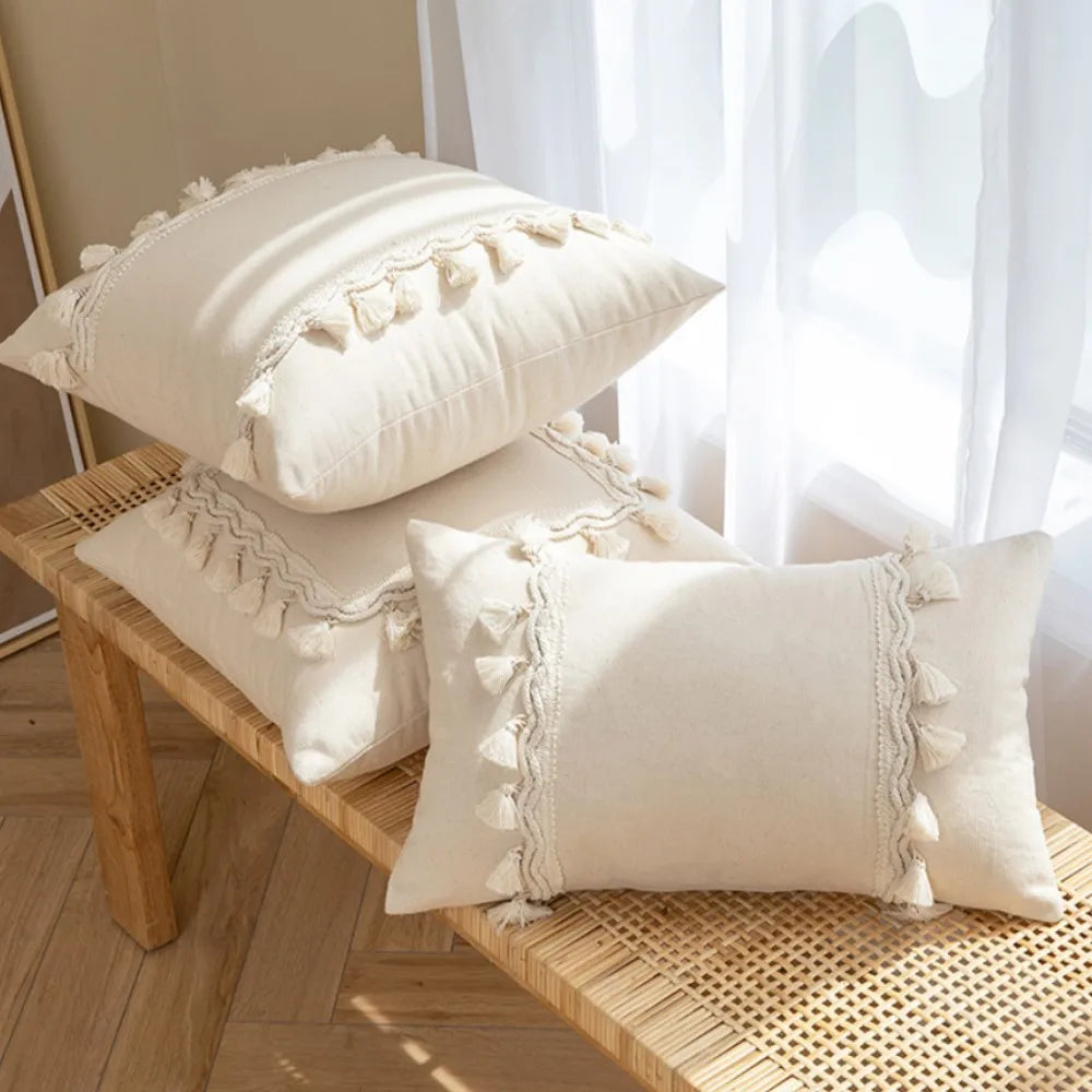 Woven Calm: Tassel Cotton-Linen Pillow Cover