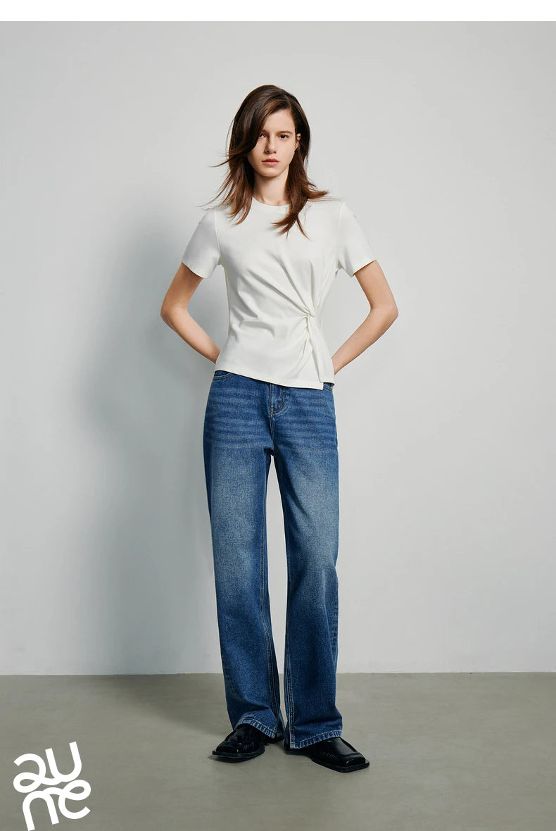 TOYOUTH Women Crop Tops 2024 Spring New Pleated Tie Irregular Solid Color Short Sleeve Women's Basic Tops