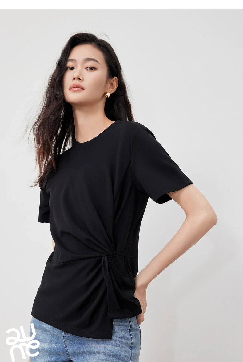 TOYOUTH Women Crop Tops 2024 Spring New Pleated Tie Irregular Solid Color Short Sleeve Women's Basic Tops
