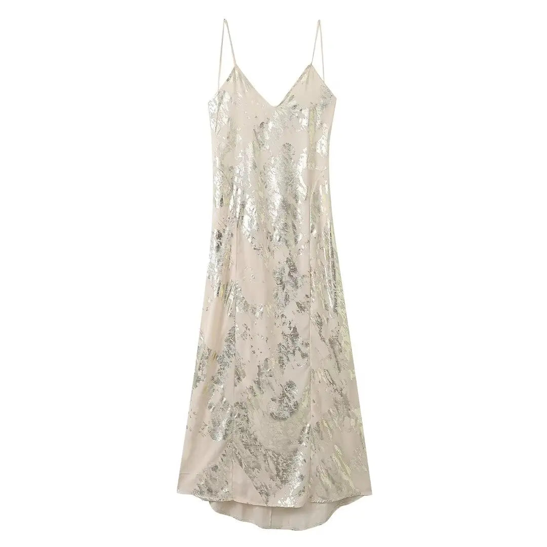 Women's Metallic Sequin Dress – Elegant A-Line Partywear with Spaghetti Straps