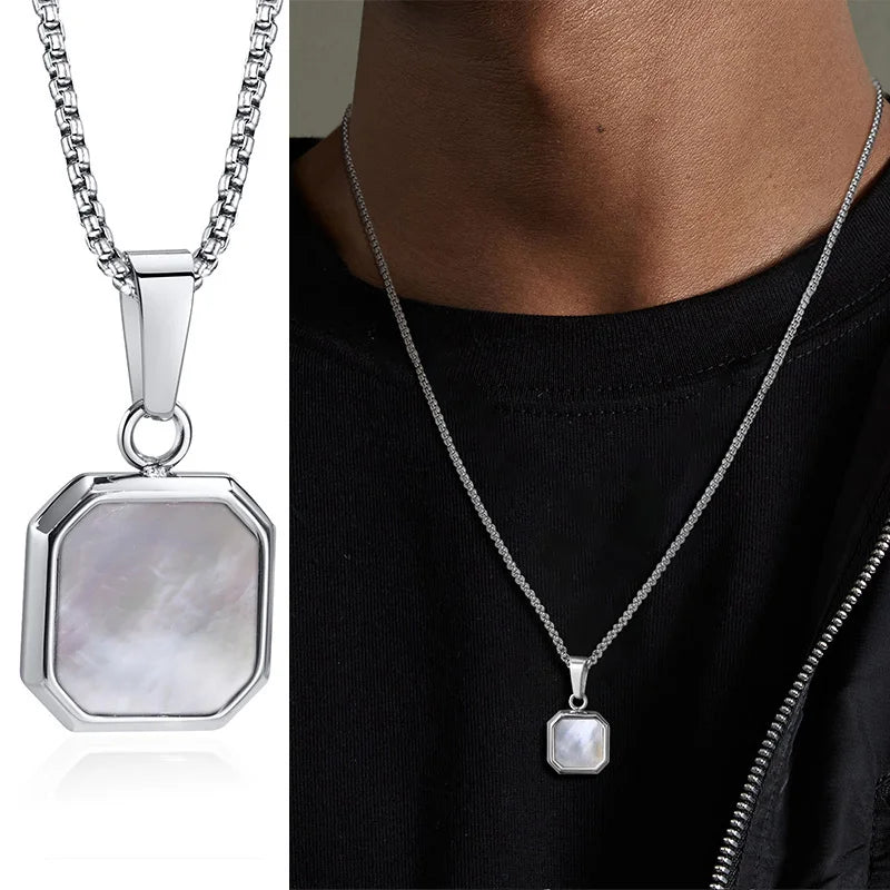 Grid Mark: Geometric Enamel Square Pendant Necklace for Men