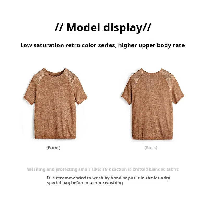 Maden New Vintage Orange Knitted Short Sleeve T-Shirt Men's Summer Loose Fit Ribbed Crew Neck Tee Breathable Casual Street Tops