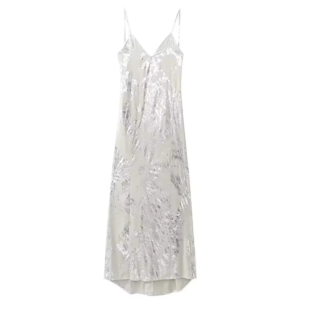 Women's Metallic Sequin Dress – Elegant A-Line Partywear with Spaghetti Straps