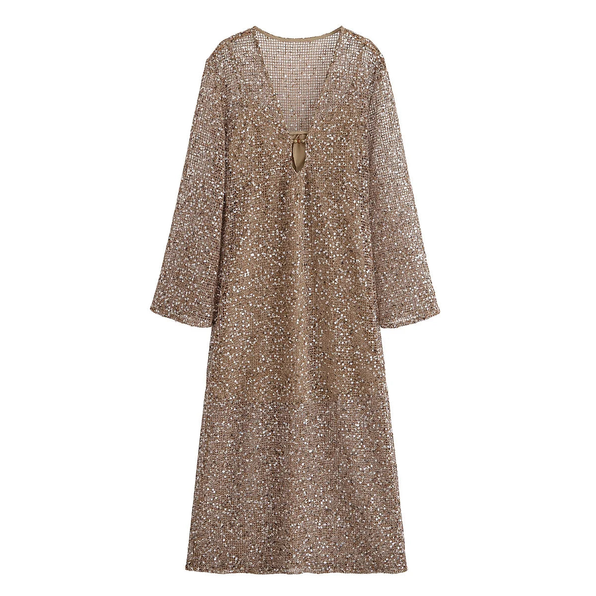Women's Sequin-Embellished V-Neck Midi Dress – Lightweight Elegance for Summer
