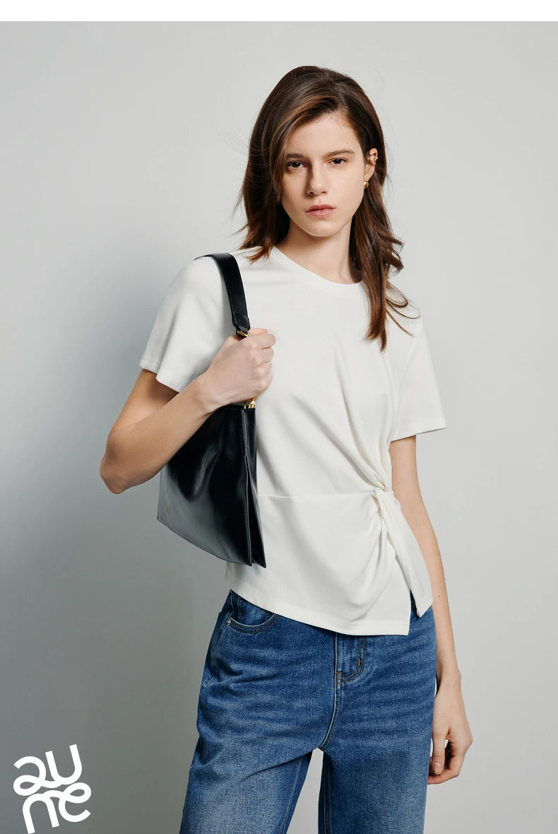 TOYOUTH Women Crop Tops 2024 Spring New Pleated Tie Irregular Solid Color Short Sleeve Women's Basic Tops