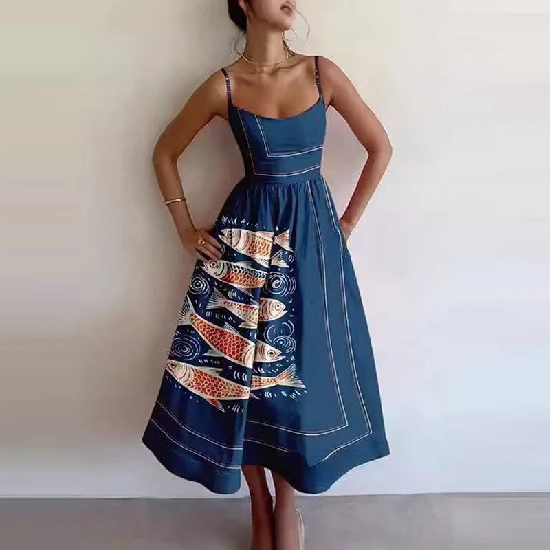 Summer Ethnic Print Off-Shoulder Maxi Dress with Pockets – Holiday Casual Look