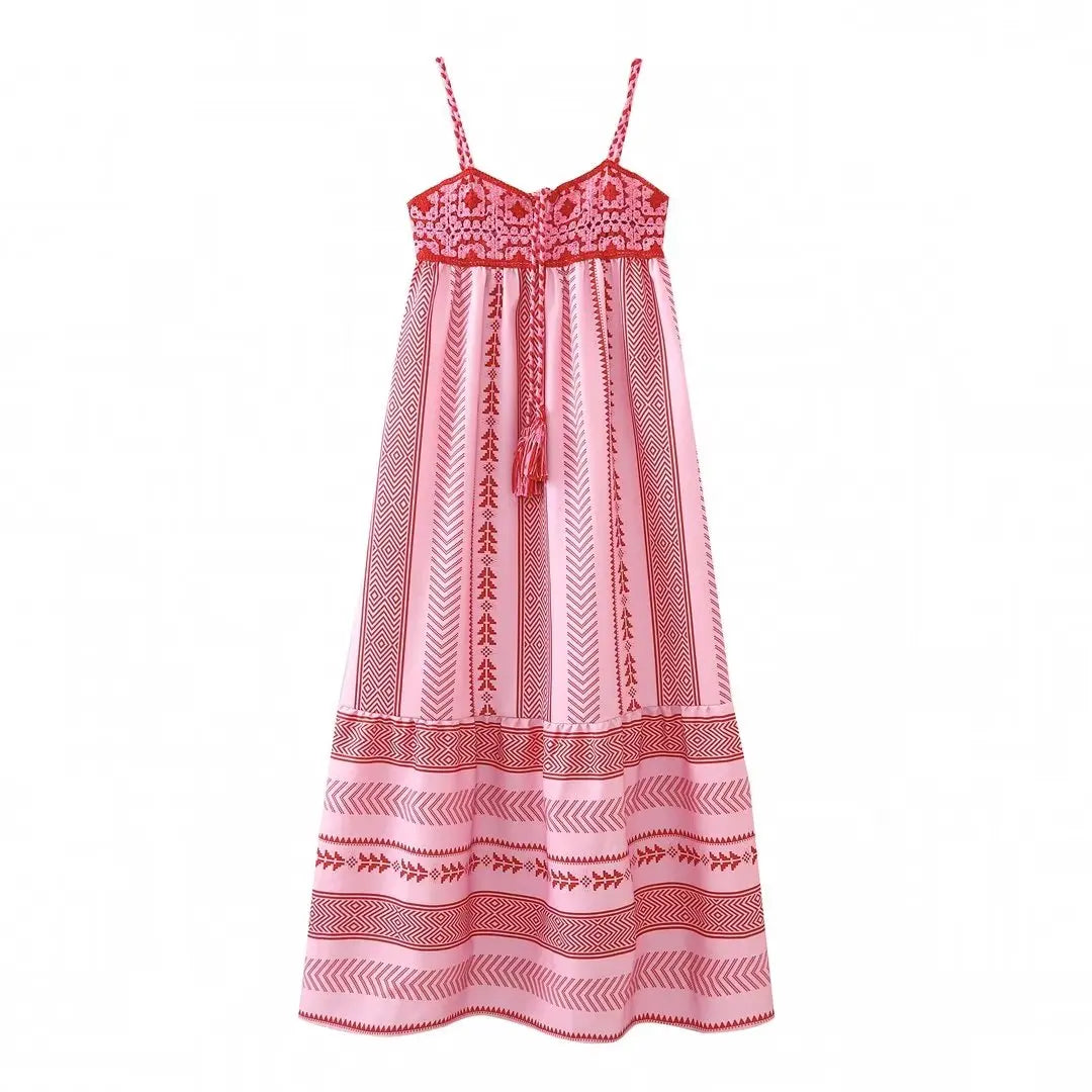Women's Striped Hollow Detail Maxi Dress – Elegant A-Line Partywear