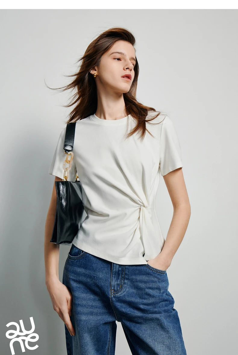 TOYOUTH Women Crop Tops 2024 Spring New Pleated Tie Irregular Solid Color Short Sleeve Women's Basic Tops