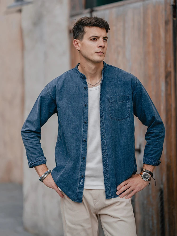 Men's Oversized Washed Indigo Cotton Shirt – Casual Cool With a Vintage Edge