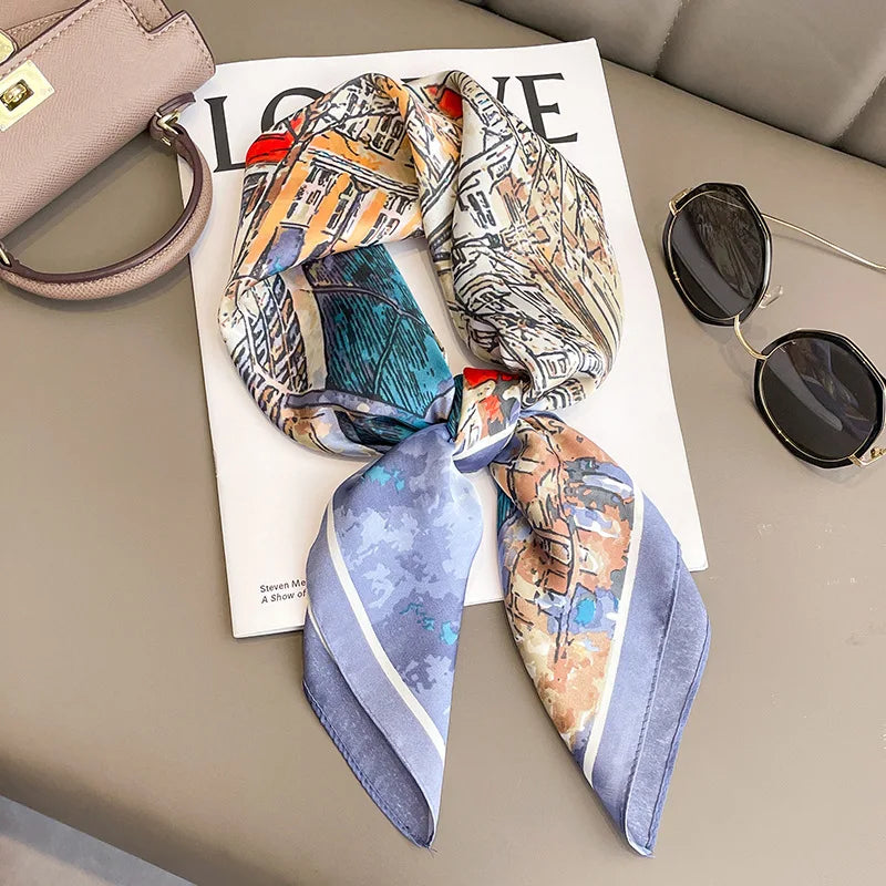 Silken Loop: Printed Satin Square Scarf for Women