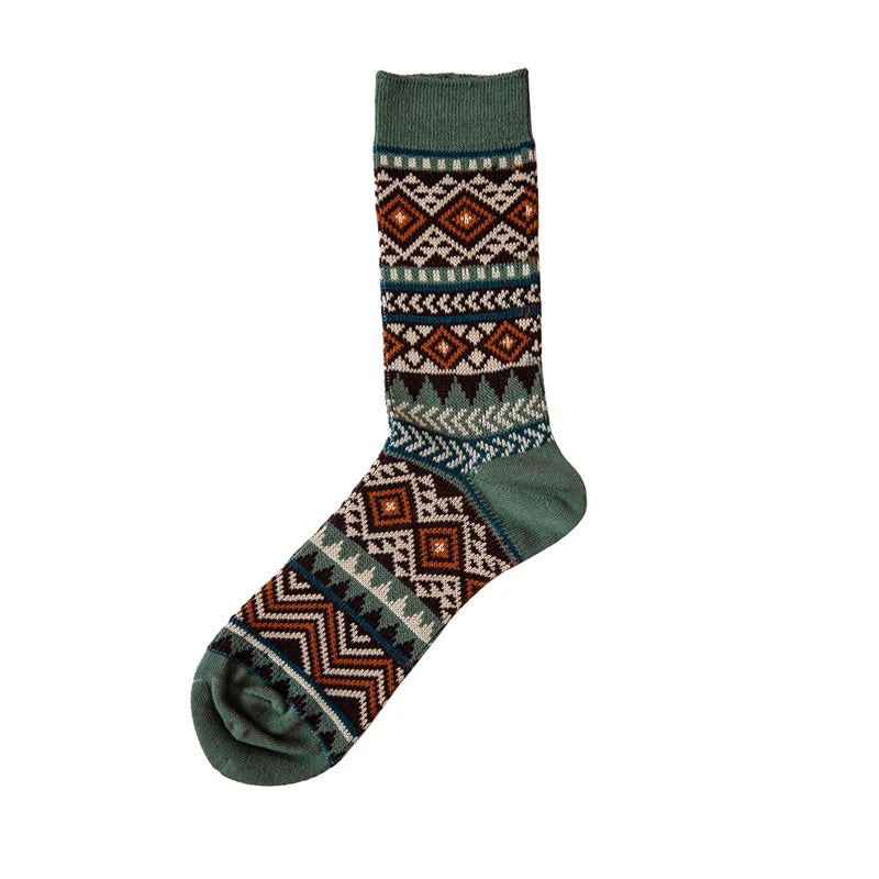 5 Pairs Red Tornado Retro Ethnic Style Pattern Jacquard Crew Socks For Boots