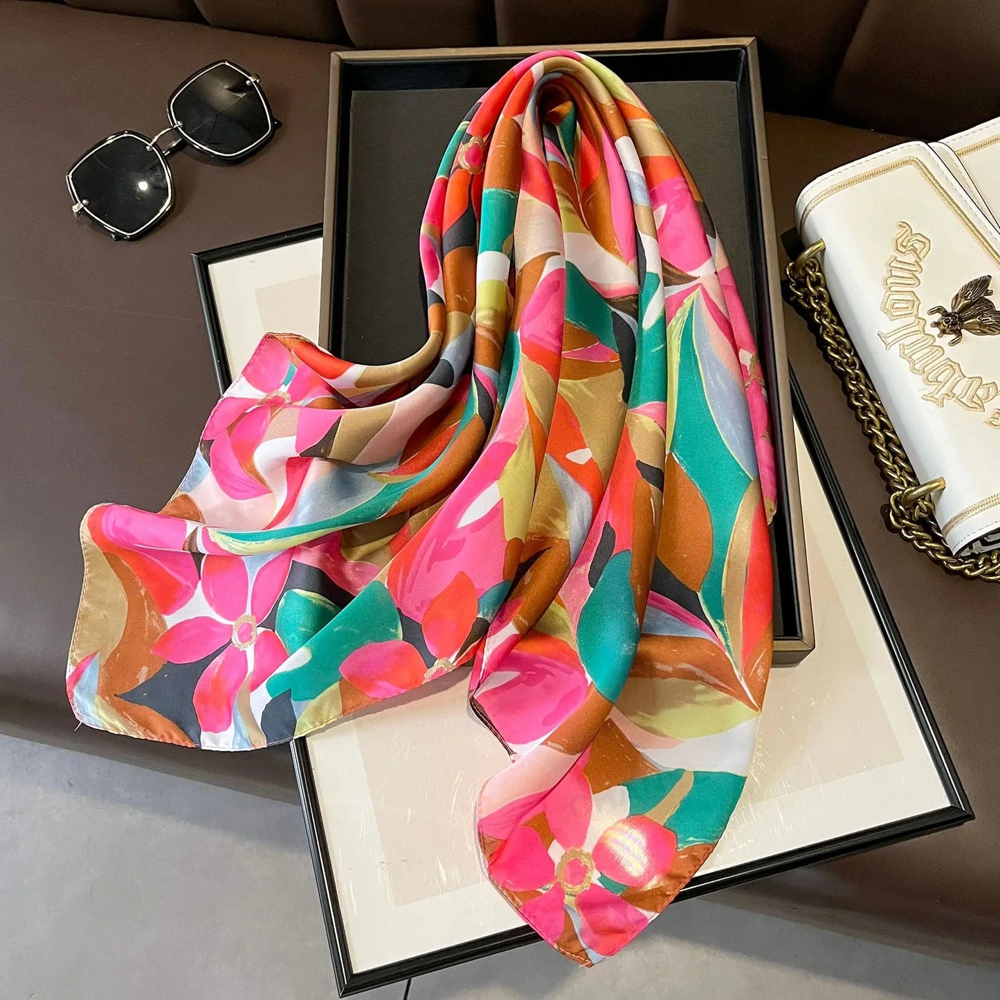 Silken Loop: Printed Satin Square Scarf for Women