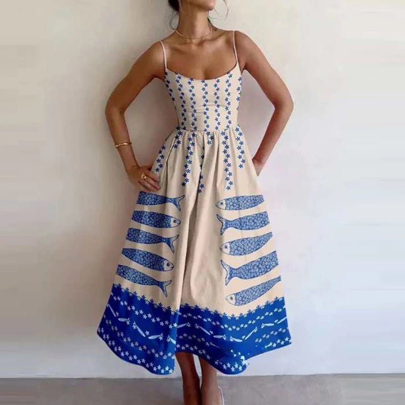 Summer Ethnic Print Off-Shoulder Maxi Dress with Pockets – Holiday Casual Look