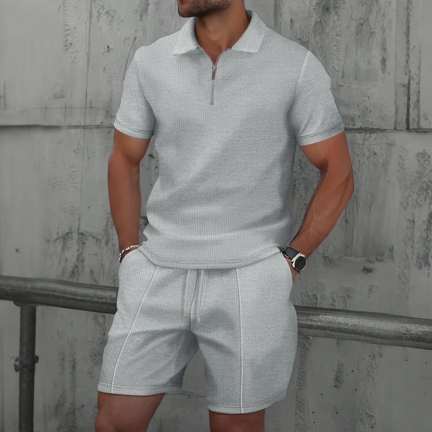Men’s Waffle Zip-Up Set – Two-Piece, One Statement