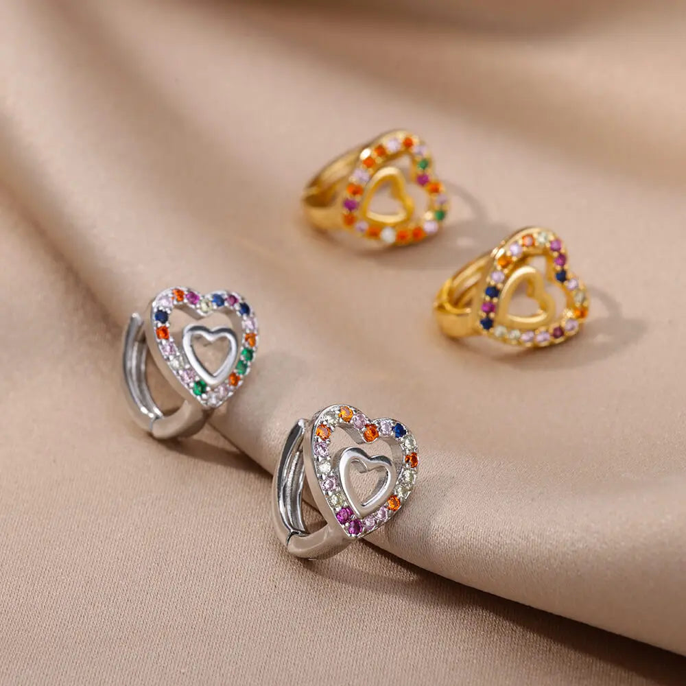 Golden Pulse: Hollow Zircon Heart Stud Earrings