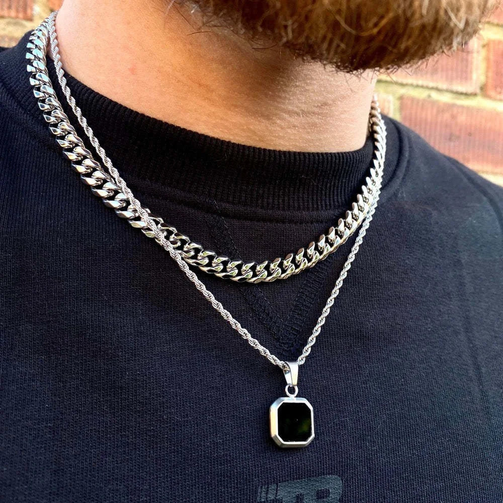 Grid Mark: Geometric Enamel Square Pendant Necklace for Men